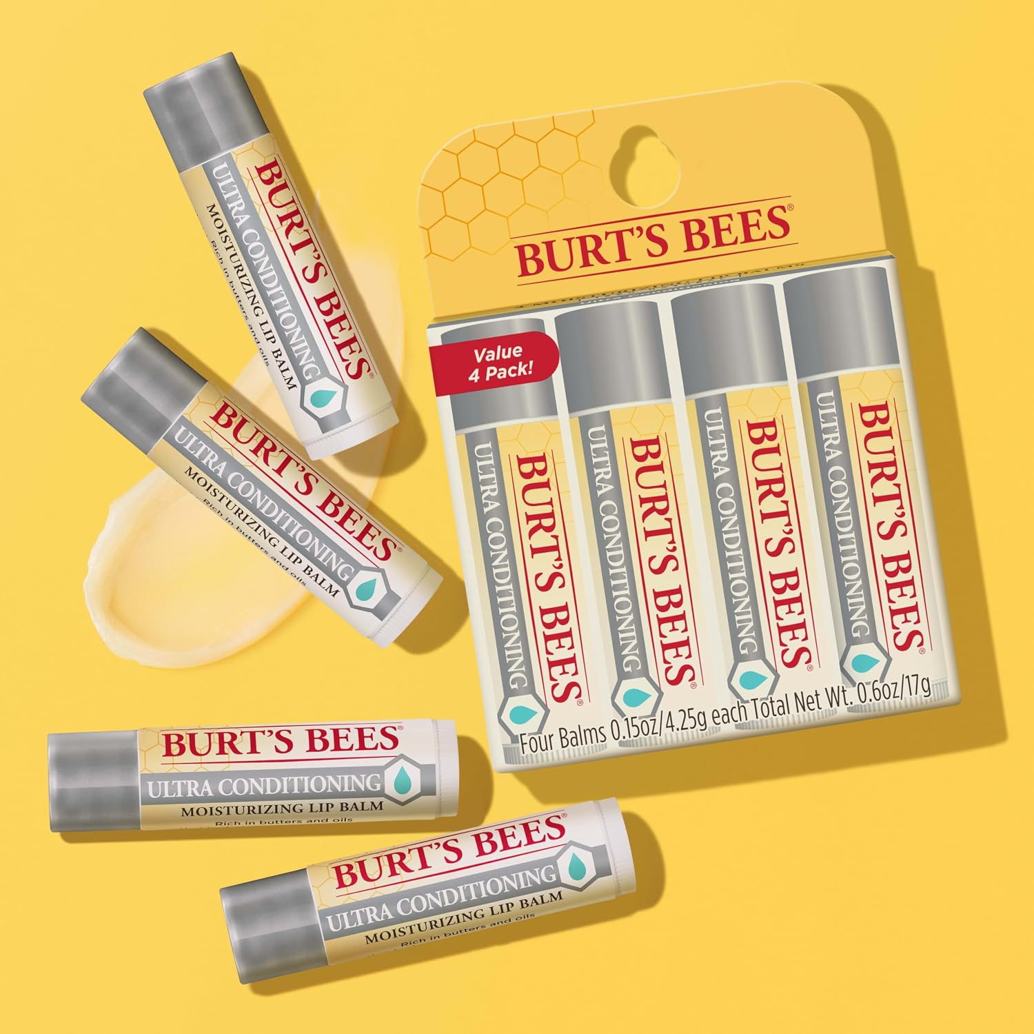Burt'S Bees Lip Balm, Moisturizing Lip Care, 100 Percent Natural Origin, Ultra Conditioning With Shea, Cocoa And Kokum Butter, 0.15 Oz., Four Tubes