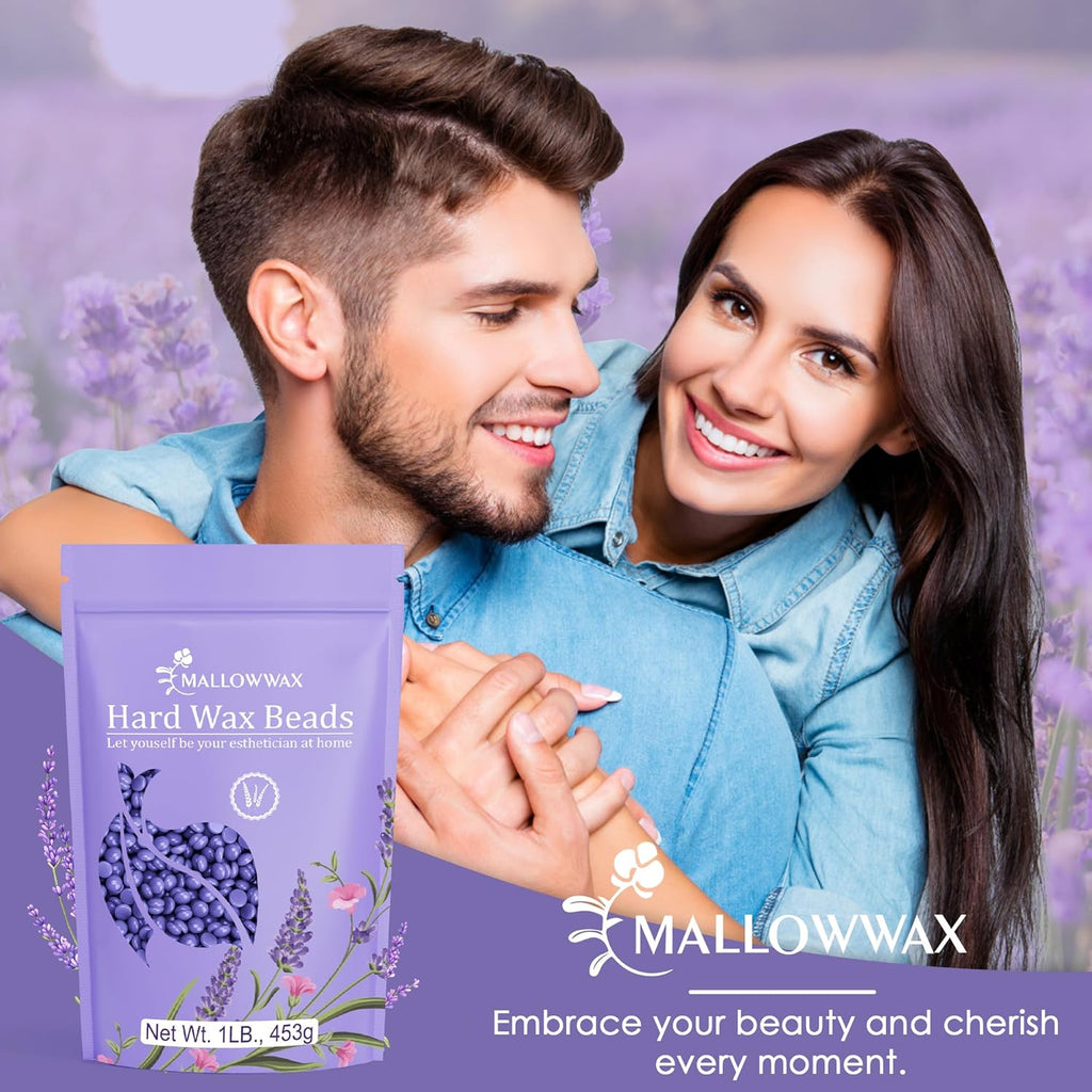 Mallowwax Hard Wax Beads, Wax Beans for Hair Removal, Natural Lavender, Stripless, Coarse Body Hair Specific - Ideal for Bikini, Brazilian, Legs, Underarms, Chest, 16 Ounce