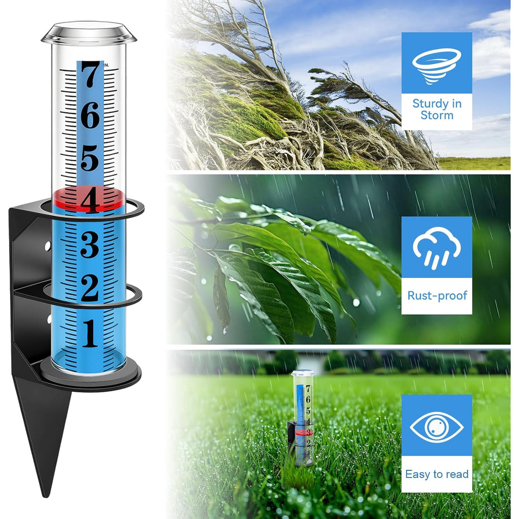Rain Gauge Outdoor,7" Rain Gauges Outdoors Best Rated With Metal Rack Holder, Rain Measure Gauge, Easy To Read With Red Float, Large Font Plastic Replacement Tube For Yard Garden