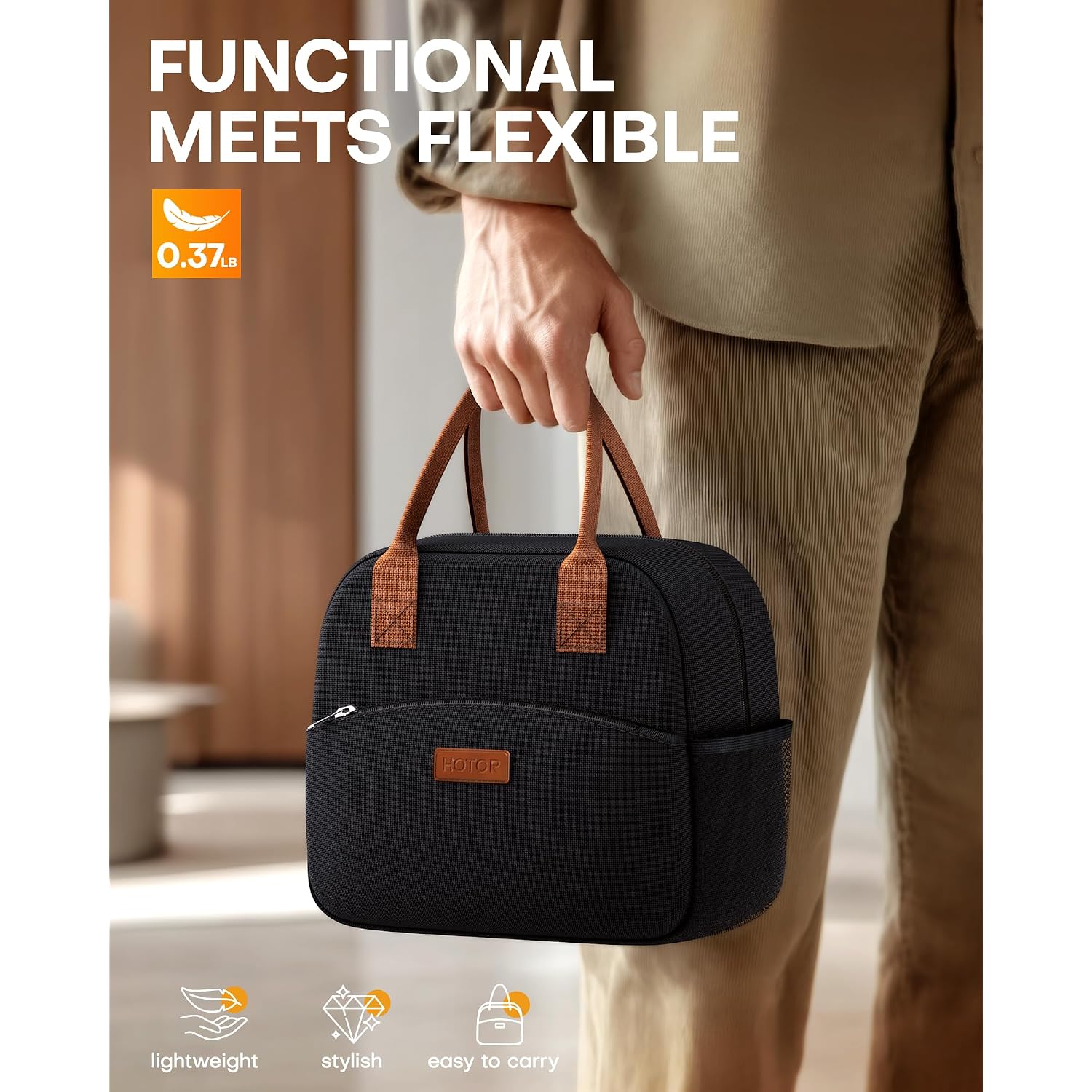 Hotor Lunch Bag For Women & Men - Wear-Resistant Insulated Lunch Box With Large Capacity, Multi-Functional Cooler Bag For Office, Picnic, Black, 10L,10.60" X 5.90" X 9.50"