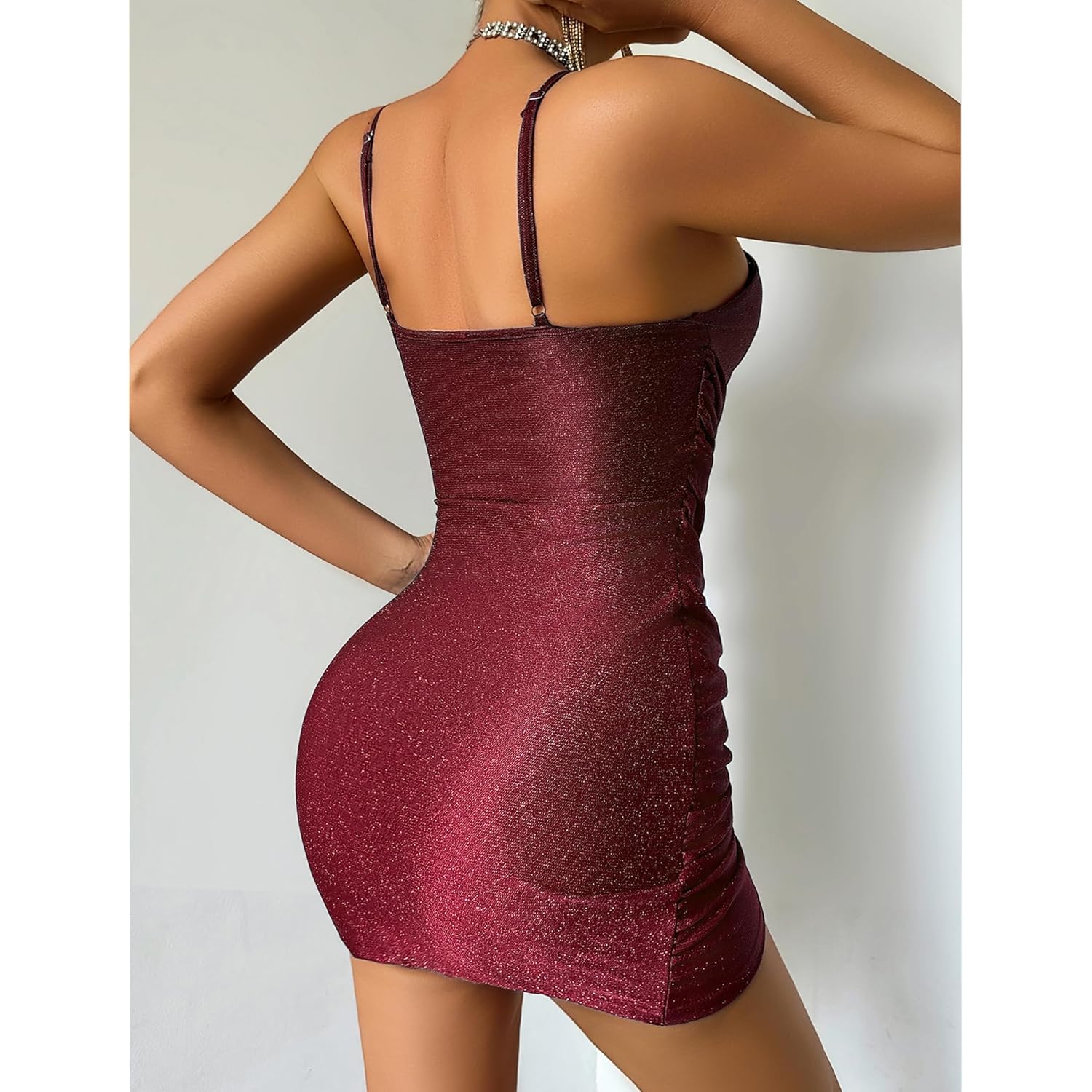 Women's Sexy Bodycon Mini Dress 2026 Glitter Spaghetti Strap Cross V Neck Ruched Party Club Night Out Dresses