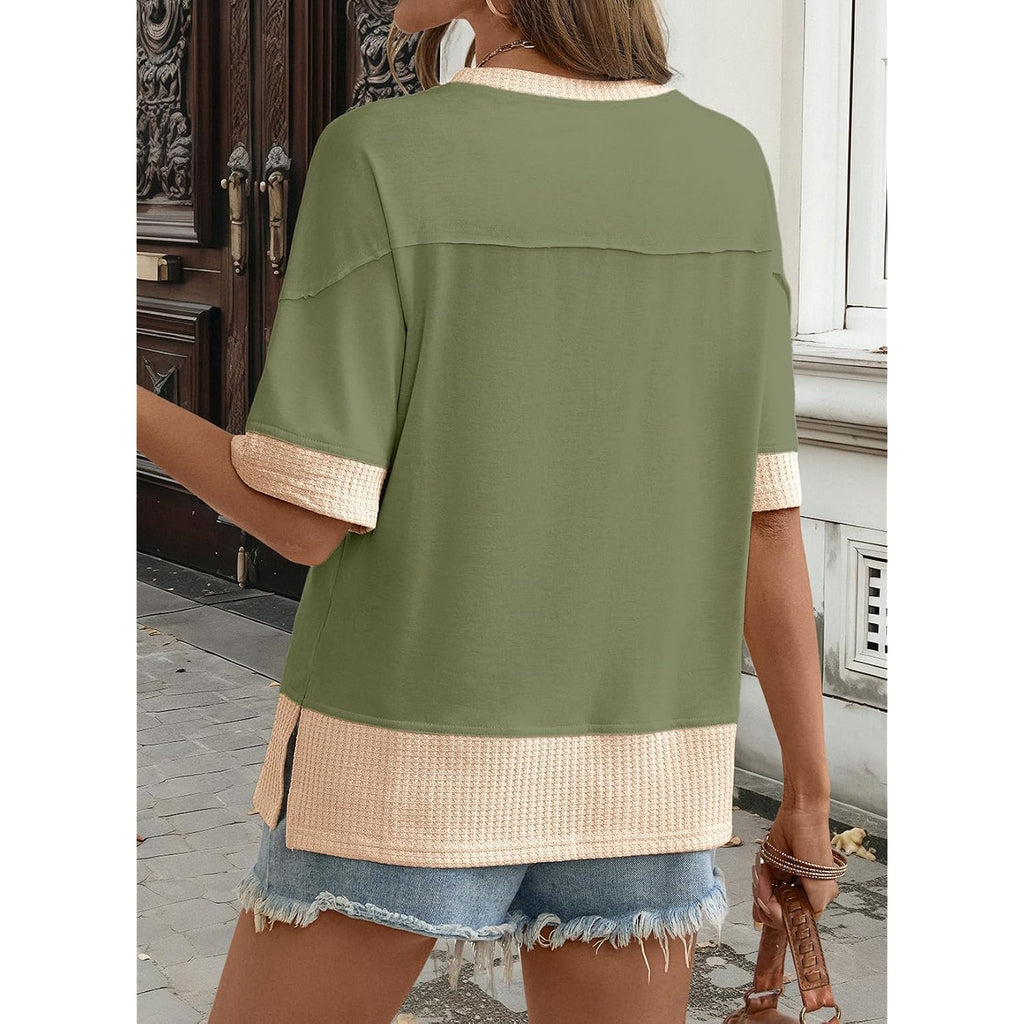 Dokotoo Womens Summer Tops Casual Oversized Short Sleeve T Shirts Crewneck Color Block Side Slit Basic Tee Blouses