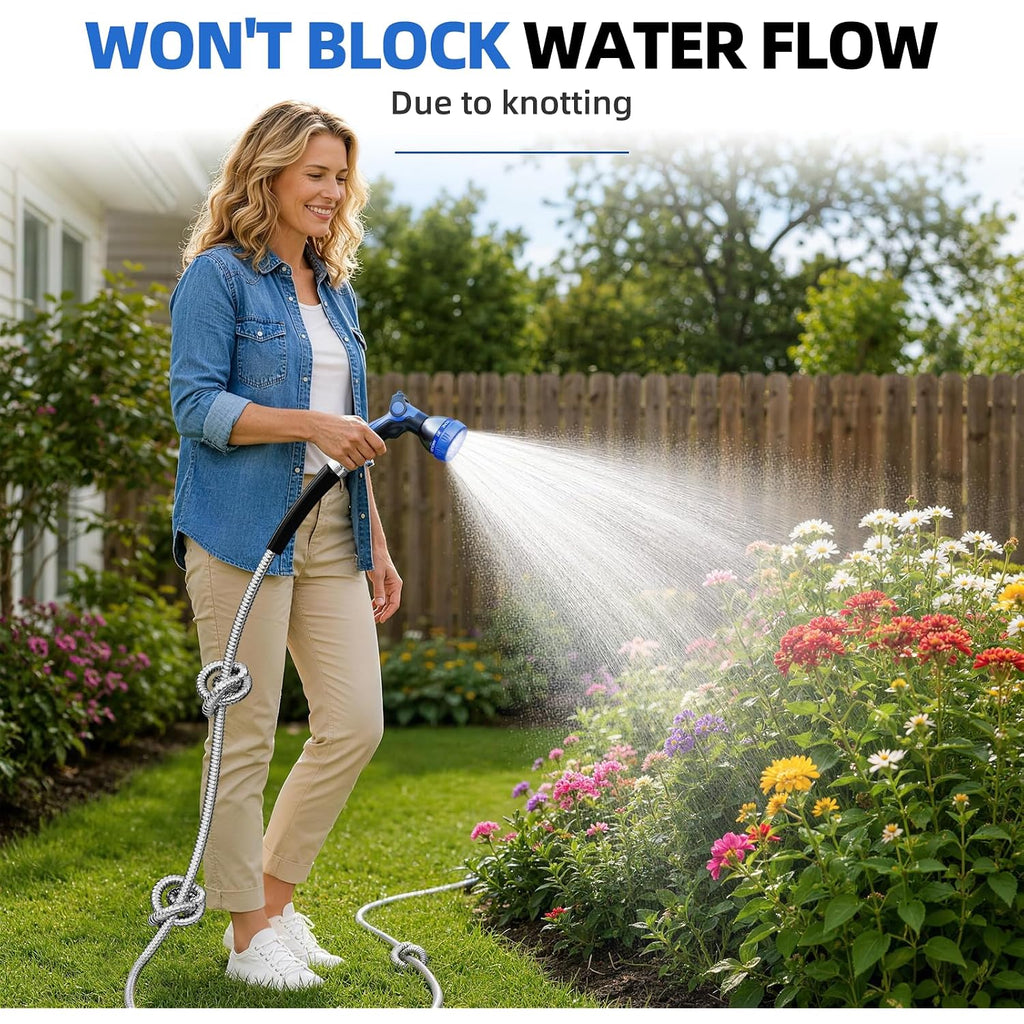 Specilite 50Ft 304 Stainless Steel Garden Hose Metal, Heavy Duty Water Pipe With Nozzles For Yard, Outdoor - Flexible, Never Kink & Tangle, Puncture Resistant (Sliver)