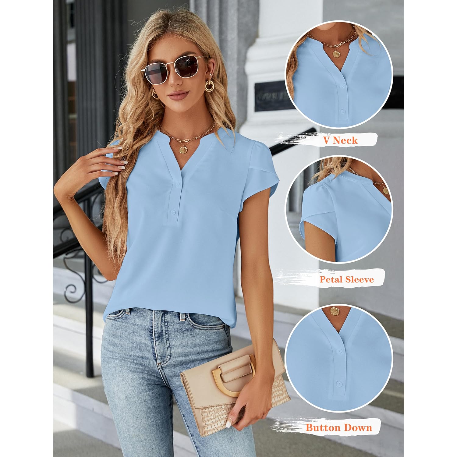 Women's Dressy Casual Tops Business Work Blouses Button Down Shirts Cap Sleeve V Neck Tshirt