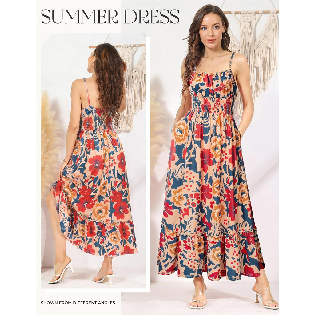 Grace Karin Summer Dresses For Women 2026 Vacation,Smocked Floral Maxi Dress,Boho Beach Sundress With Pocket Fashion Clothing