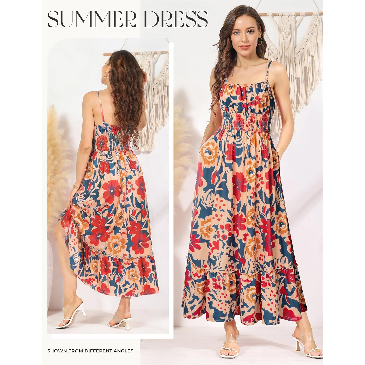 Grace Karin Summer Dresses For Women 2026 Vacation,Smocked Floral Maxi Dress,Boho Beach Sundress With Pocket Fashion Clothing