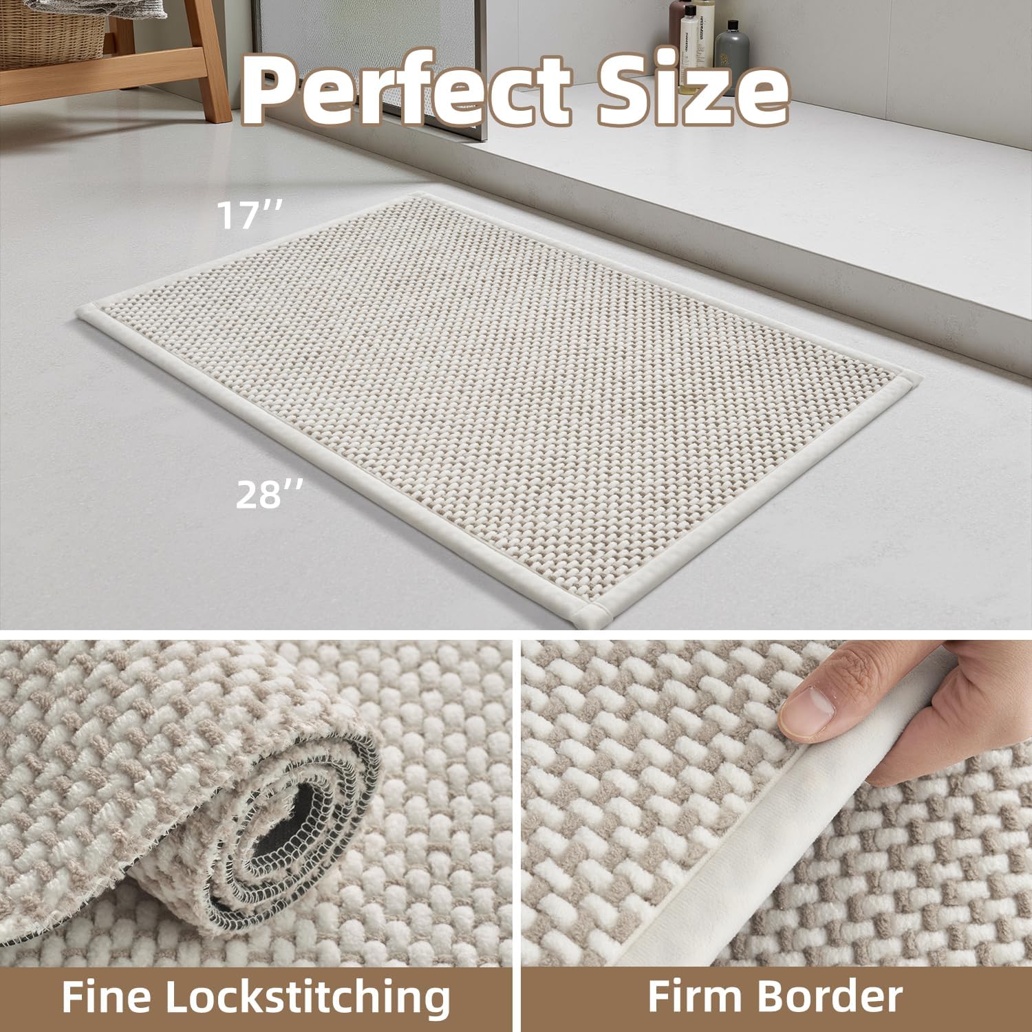 PADOOR-Bath Mat-Super Absorbent Chenille Bathroom Mats-Rubber Backed Bath Mats for Bathroom Non Slip, Easy Clean Bathroom Rugs Front of Bathtub,Shower Room,Sink-17×28, Beige&Cream