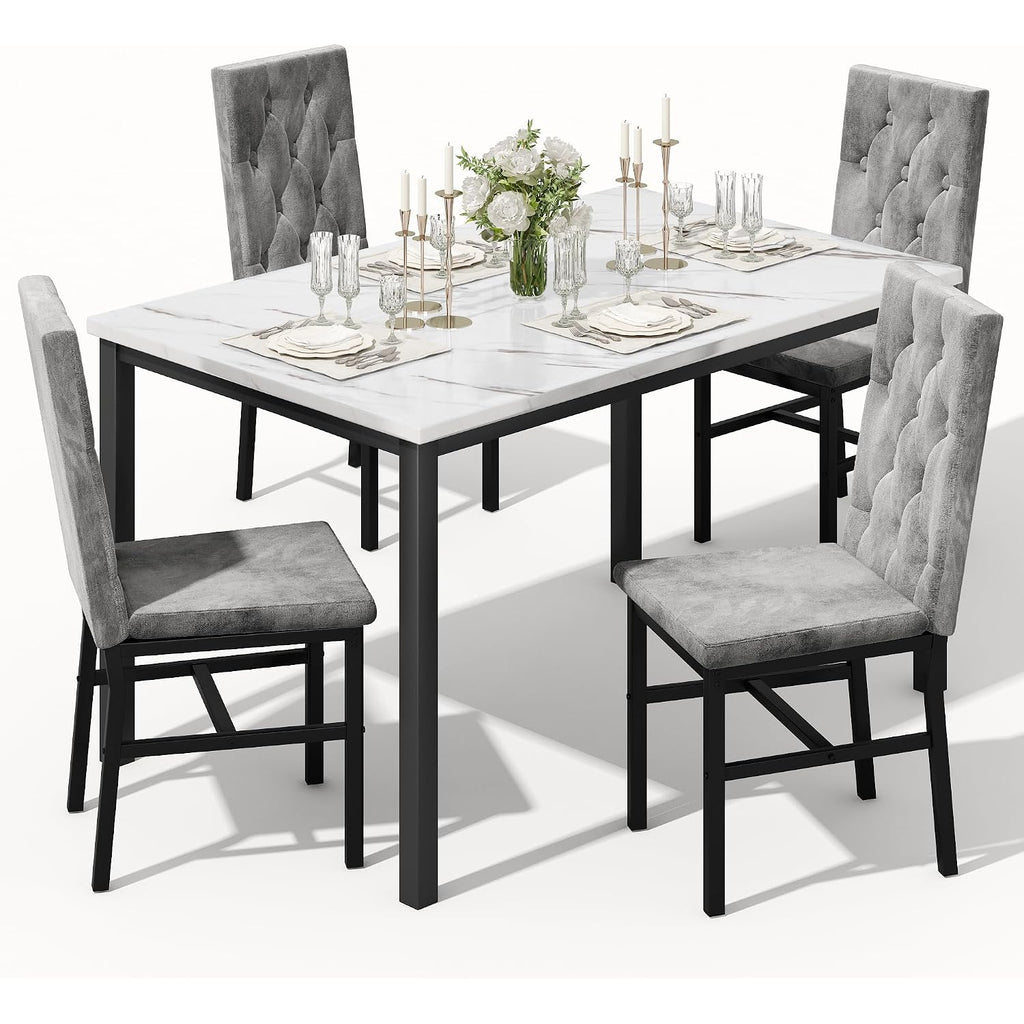Hooseng Dining Table Set For 4, Faux Marble Small Kitchen Table Chairs Set Of 4 With Luxurious Button Tufted Dinner Chairs For Kitchen And Dining