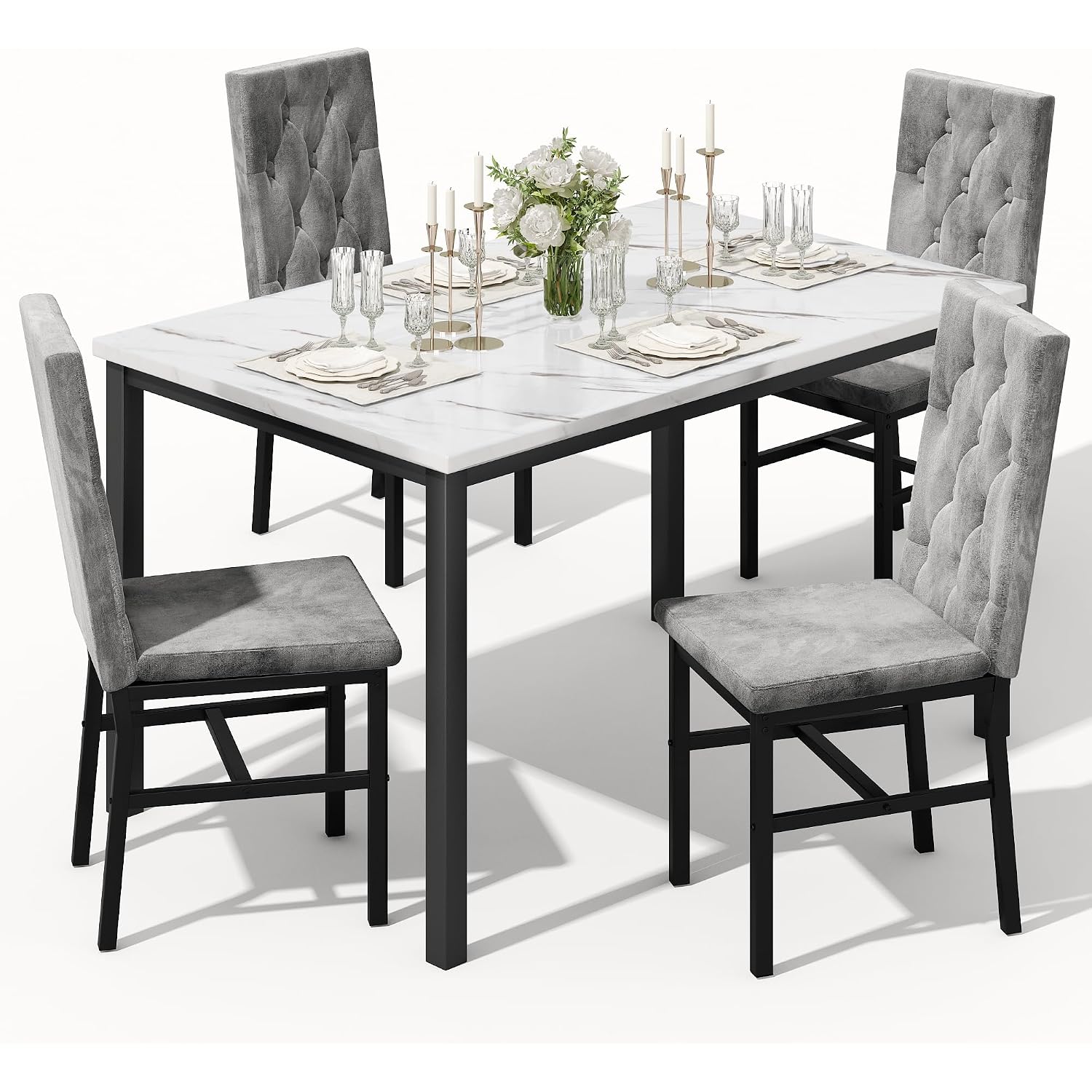 Hooseng Dining Table Set For 4, Faux Marble Small Kitchen Table Chairs Set Of 4 With Luxurious Button Tufted Dinner Chairs For Kitchen And Dining