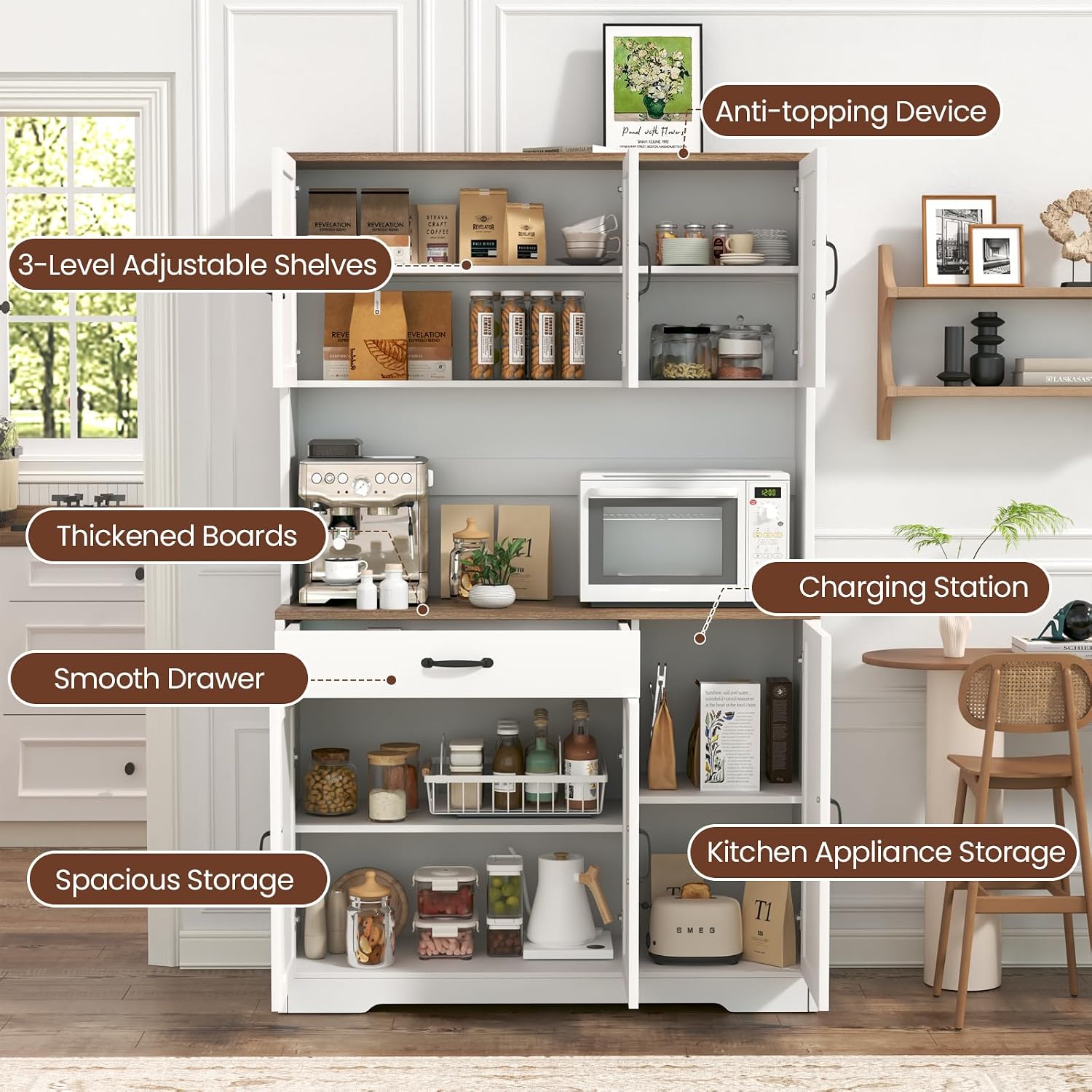 71" Pantry Cabinet With Charging Station, Large Capacity Kitchen Hutch Storage Cabinet, Kitchen Cabinet With Microwave Stand, Storage Drawers & Adjustable Shelves For Dining Room, White