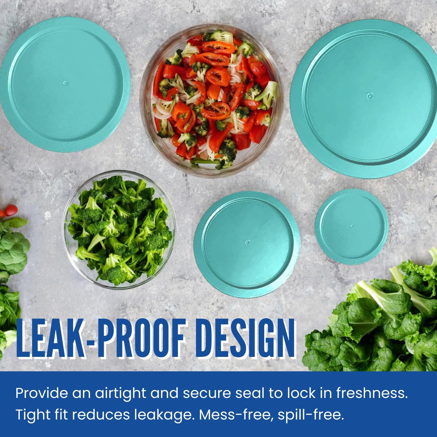 Replacement Lids fits Pyrex 4-Cup Glass Food Storage Container Bowls, 6-Inch Plastic Round Lids Covers for Pyrex 7201-PC, Airtight & Leakproof (4-Pack, Turquoise)