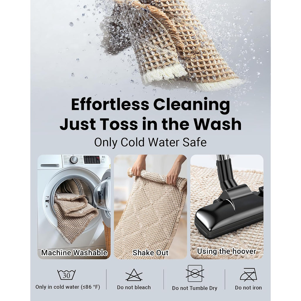 Waffle Bath Mat Set, Non Slip Bathroom Rugs Sets 2 Piece, Ultra Absorbent Long Bath Rug Runner For Bathroom Boho Chic Decor, Machine Washable Floor Mats, Brown & White, 20"×47" Plus 18"×30"