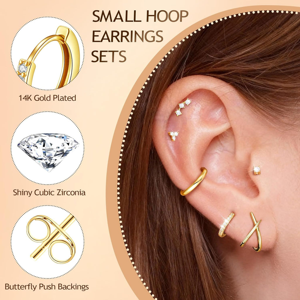 Turandoss 7 Pairs Gold Earrings for Women - Hypoallergenic 14K Gold Plated Stud & Hoop Cartilage Earring Sets Lightweight Helix Lobe Tragus Conch Earrings for Women