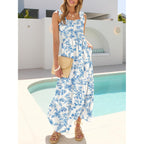 Caracilia Womens Summer Maxi Dresses Floral Smocked Sleeveless Ruffle Boho Casual Flowy Aline Beach Vacation Long Sundress