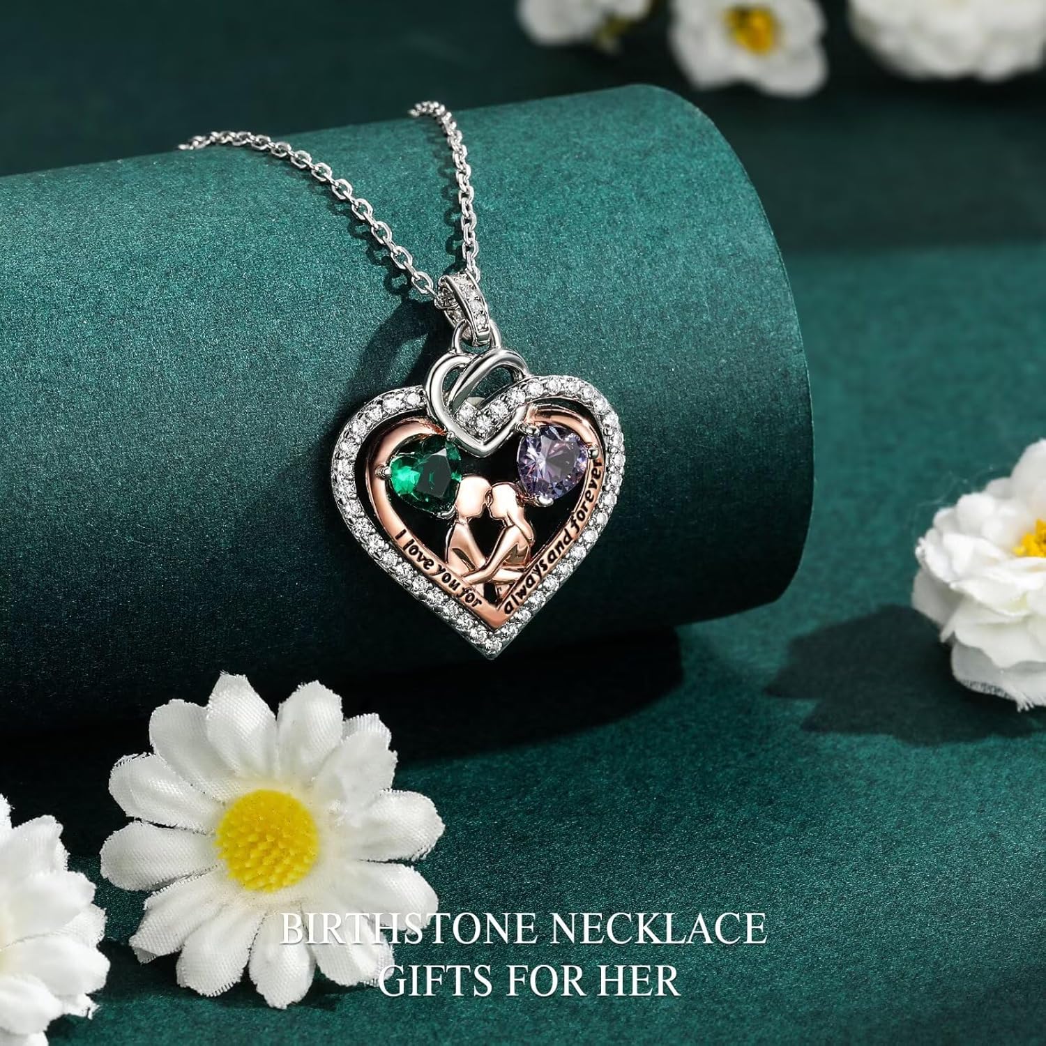 Iefil Mothers Day Gifts for Wife - 925 Sterling Silver Double Heart Birthstone Necklace for Women, Anniversary Birthday Gifts for Wife