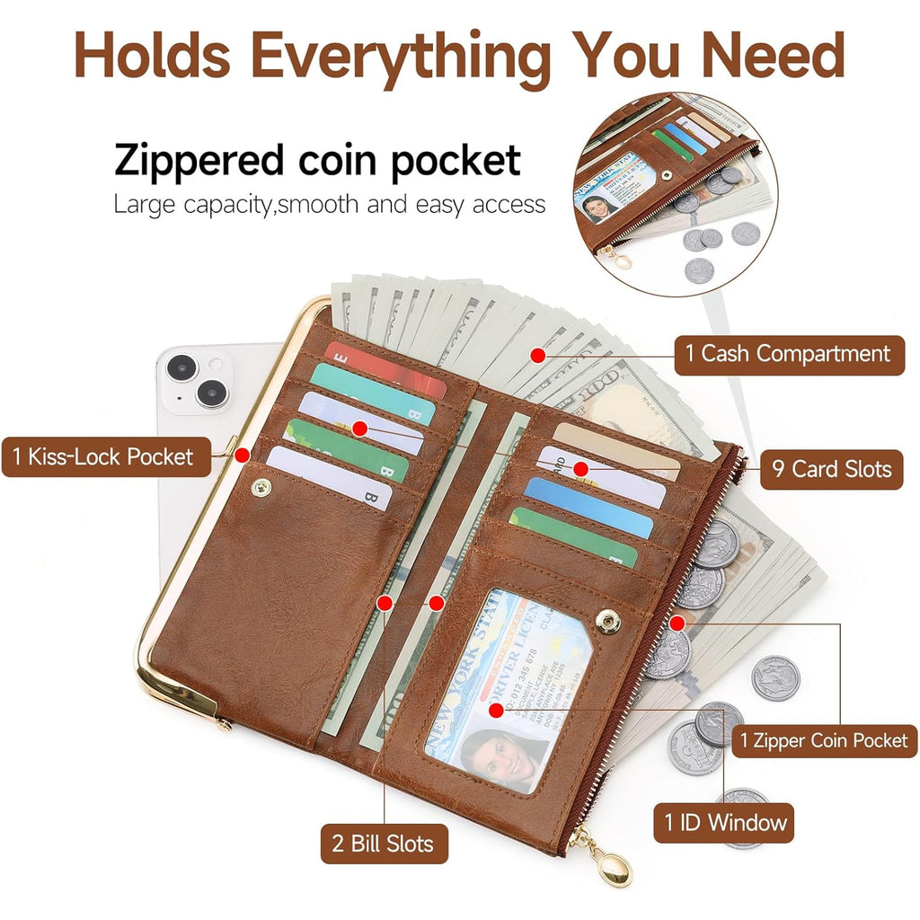 GOIACII Womens Wallet Ladies Vintage Billfold Compact Card Holder Long Zip Clutch Purse with Kiss Lock Brown