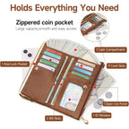 GOIACII Womens Wallet Ladies Vintage Billfold Compact Card Holder Long Zip Clutch Purse with Kiss Lock Brown