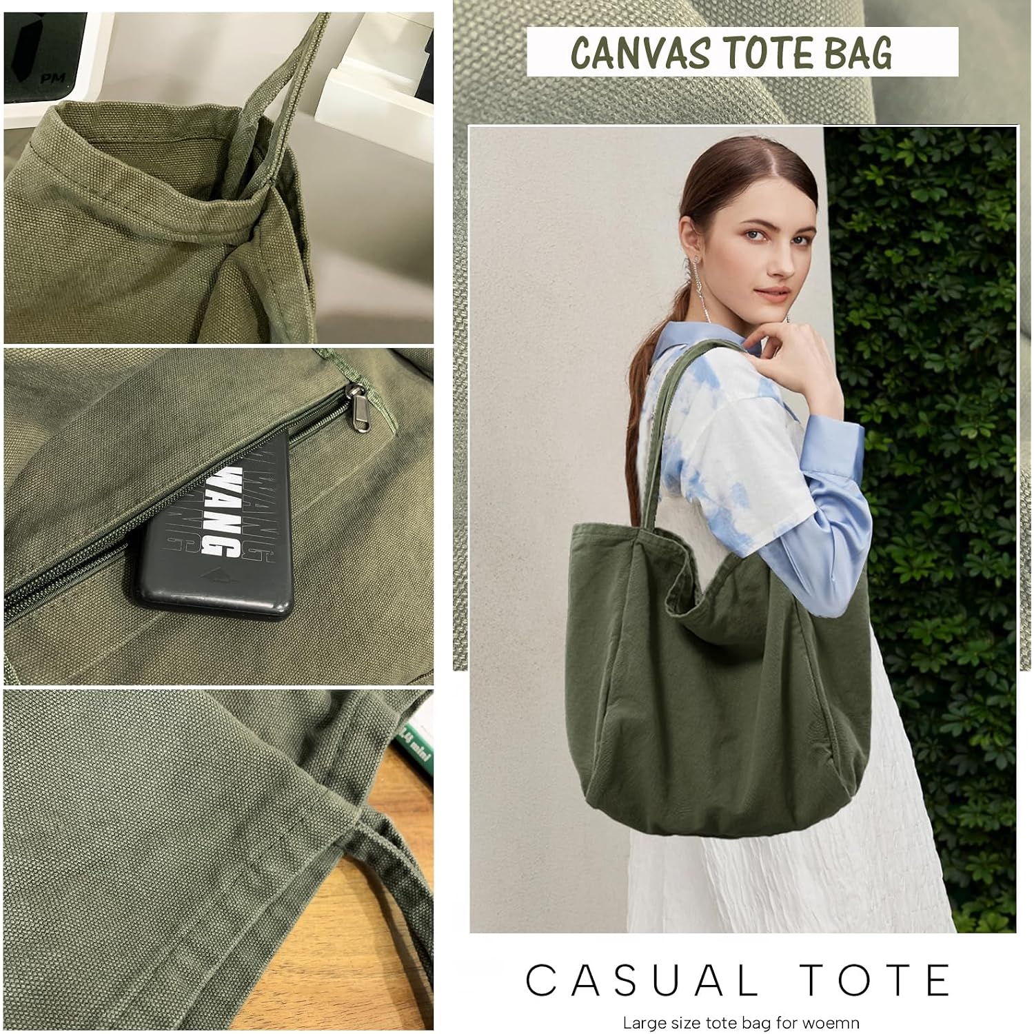 Canvas Tote Bag For Women Large Hobo Shoulder Bag For Work Travel Casual Message Bag Tote Purse Handbags