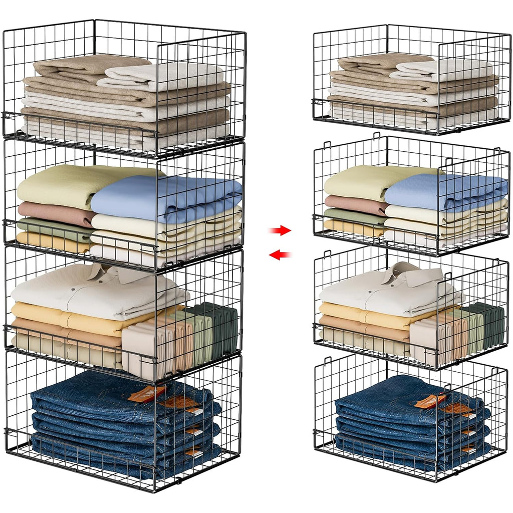 4-Tier Stackable Closet Organizers And Storage Shelves, Foldable Closet Shelf Organizer, Black(Patent Protection)(Patent No. 30022416)