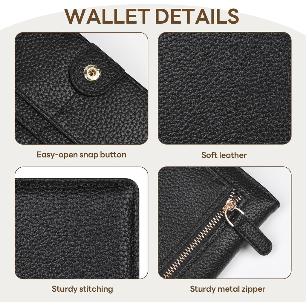 Womens Wallet, Extra Slim RFID Wallets, Leather Bifold Clutch Billfold Purse, with 11 Card Slots & ID Window, Cute Credit Card Holder Purse for Ladies Girls (Black)