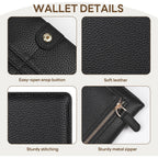 Womens Wallet, Extra Slim RFID Wallets, Leather Bifold Clutch Billfold Purse, with 11 Card Slots & ID Window, Cute Credit Card Holder Purse for Ladies Girls (Black)