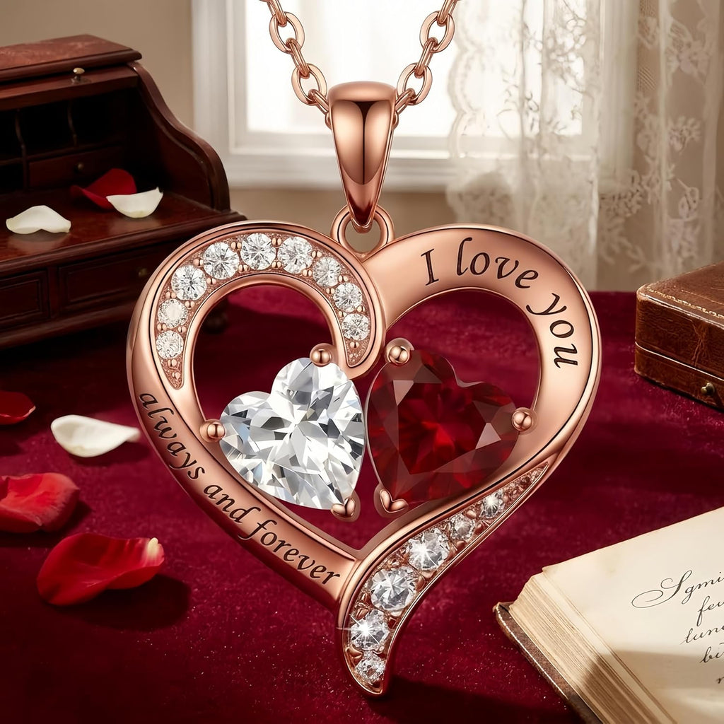 10K 14K 18K Gold Personalized Heart Necklace with 2 Birthstones Customized Pendant Jewelry I Love You Always and Forever Mother's Day Jewelry Gifts for Women Mom Wife Grandmother