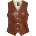 Women'S Leather Vest - Gold Button V-Neck Style Sleeveless Real Leather Waistcoat Women