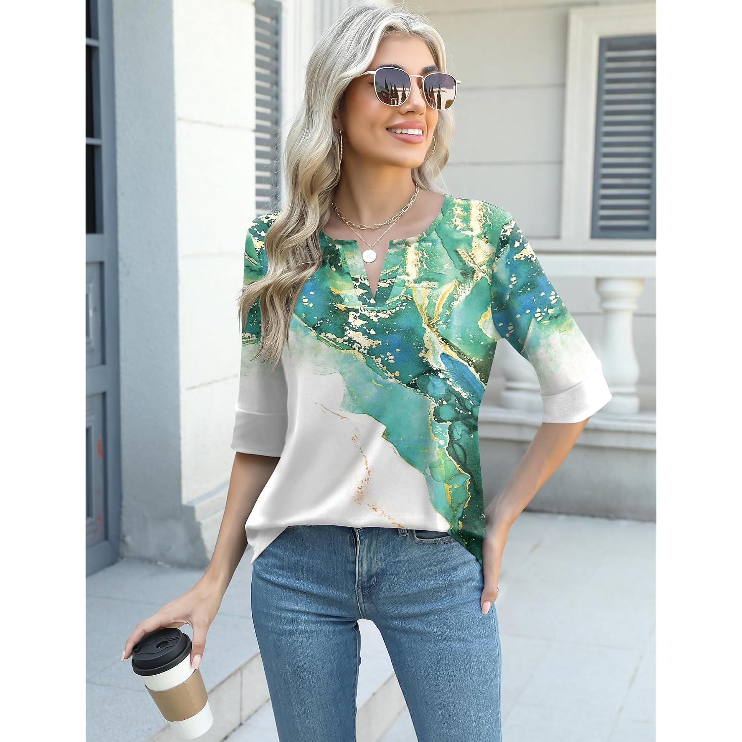 AKEWEI Women's V Neck 3/4 Sleeve T Shirts Summer Top Dressy Casual Basic Tees Shirt Tunic Blouses