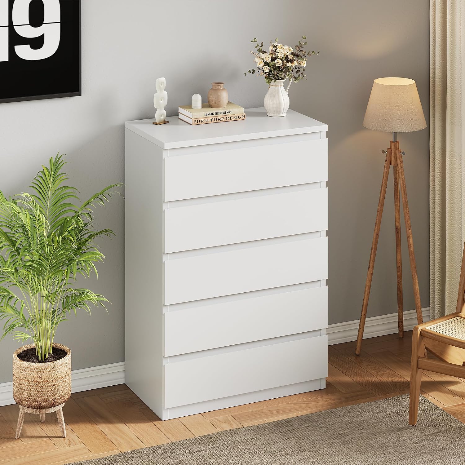 Jocoevol White 5 Drawer Dresser For Bedroom, 15" D X 23.7" W X 40.4" H In Simply Modern Chest Of Drawers, Wood Storage Dresser With Deep Drawers For Living Room Hallway Entryway, White