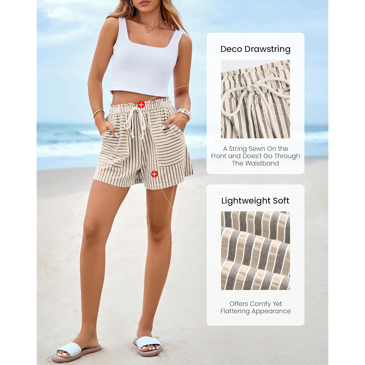 Striped Summer Shorts for Women 2026 Loose Spring Casual Elastic Waist Lounge Resort Wear Vacation Beach Shorts