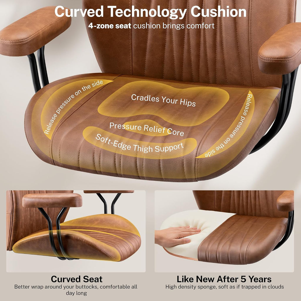 Leather Office Chair With Removable Armrests, Mid Back Ergonomic Desk Chair With Lumbar Support, Adjustable Height Rocking Swivel Executive Chair For Home Office, Brown