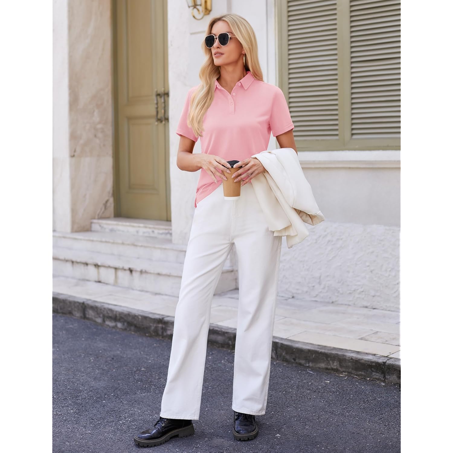 Polo Shirts for Women Short Sleeve 3 Button Collared Golf Tee Cotton Business Casual Summer Work Tops