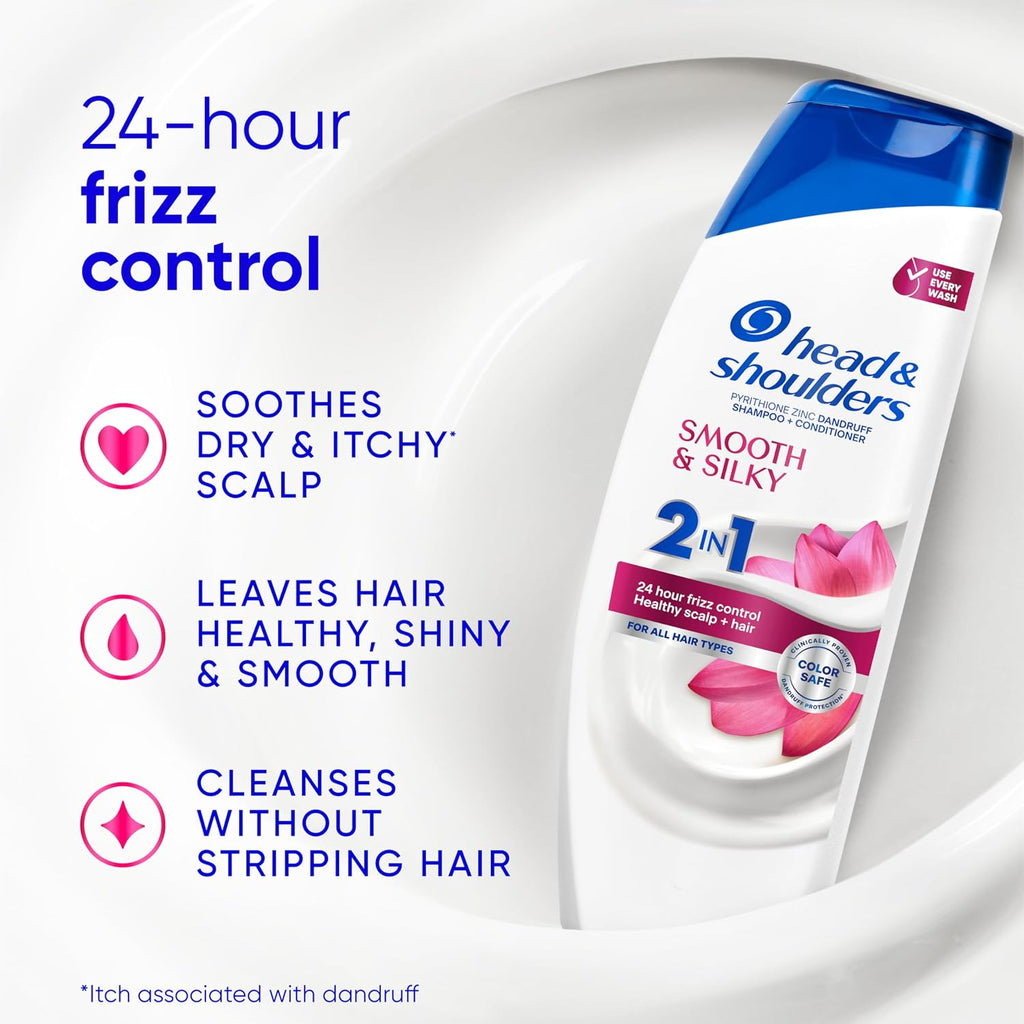 Head & Shoulders Anti-Dandruff Shampoo And Conditioner With 1% Pyrithione Zinc, Smooth & Silky 2 In 1, 24-Hour Frizz Control, Soothes Dry & Itchy Scalp, Leaves Hair Healthy, Shiny & Smooth, 28.2 Fl Oz