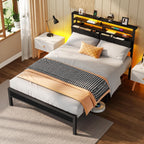 Full Size Bed Frame With Headboard & 2 Fabric Drawers, Full Platform Bed Featuring Led Lights, Built-In Charging Station & Storage Shelves, Metal Slats, No Box Spring Needed – Black Oak