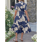 Wenrine Womens Casual Shirt Dress Floral Collared Short Sleeve Button Down Drawstring Waist Loose Summer Maxi Dresses