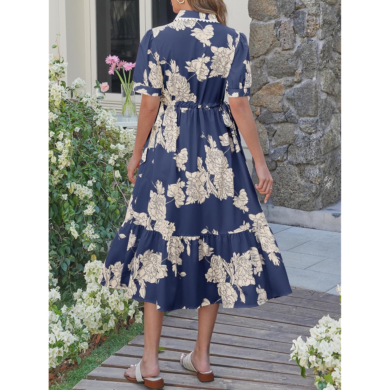 Wenrine Womens Casual Shirt Dress Floral Collared Short Sleeve Button Down Drawstring Waist Loose Summer Maxi Dresses