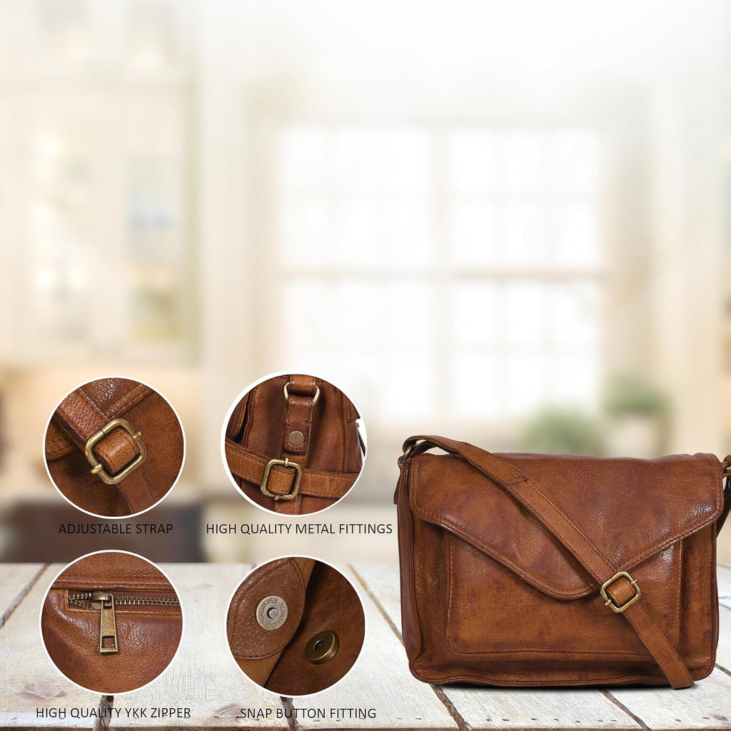 Leather Flapover Crossbody Handbag Purse for Women with Adjustable Strap & Overflap Snap Closure Tote/Bag