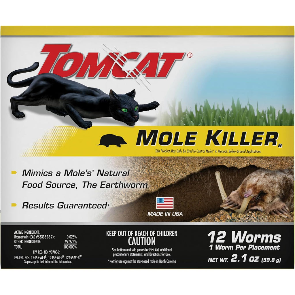 Tomcat Mole Killer(A), 12 Worm Baits | Mimics Natural Food Source, Kills With A Single Feeding, Mole Killer For Lawns And Yards
