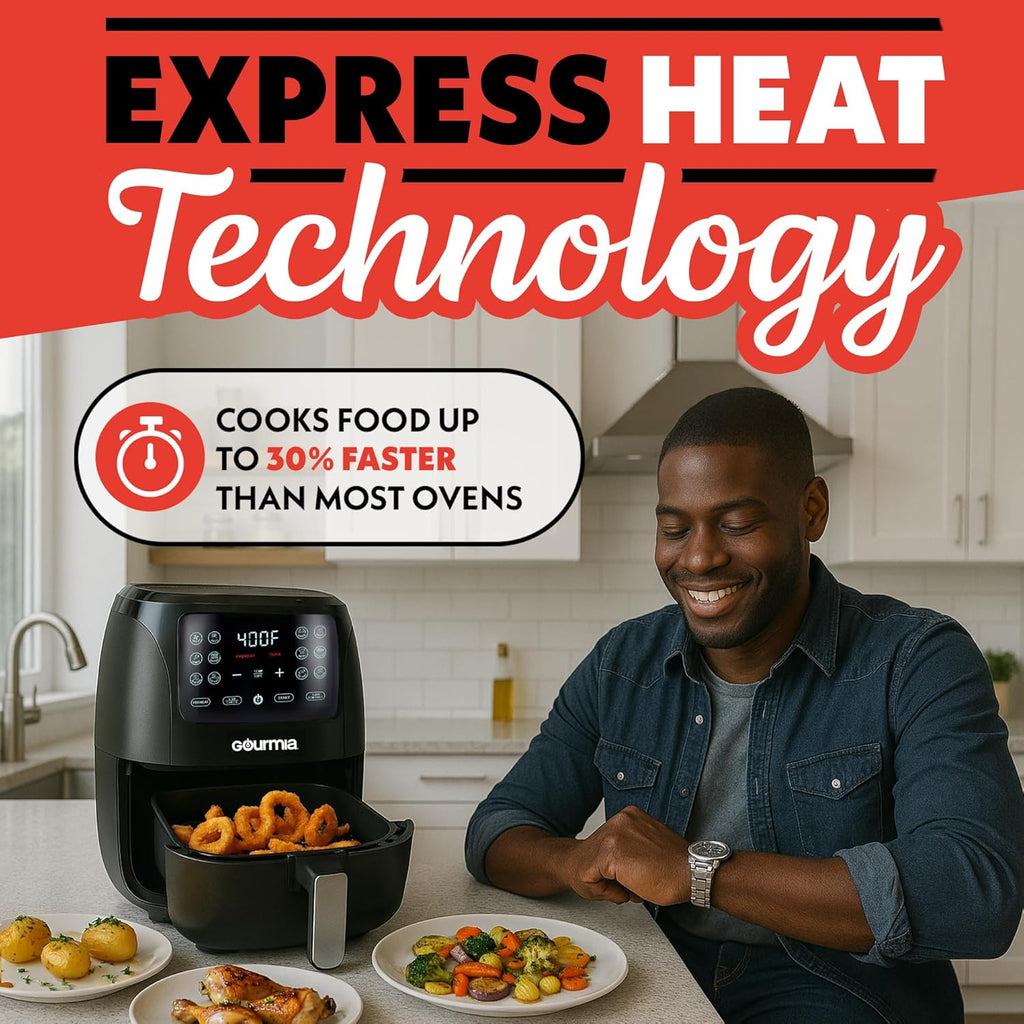 Gourmia Air Fryer - 6 Qt Large Capacity, FryForce 360º, Digital Display with 12 Presets, Roast, Bake, Broil, Dehydrate, Dishwasher Safe Accessories, Black