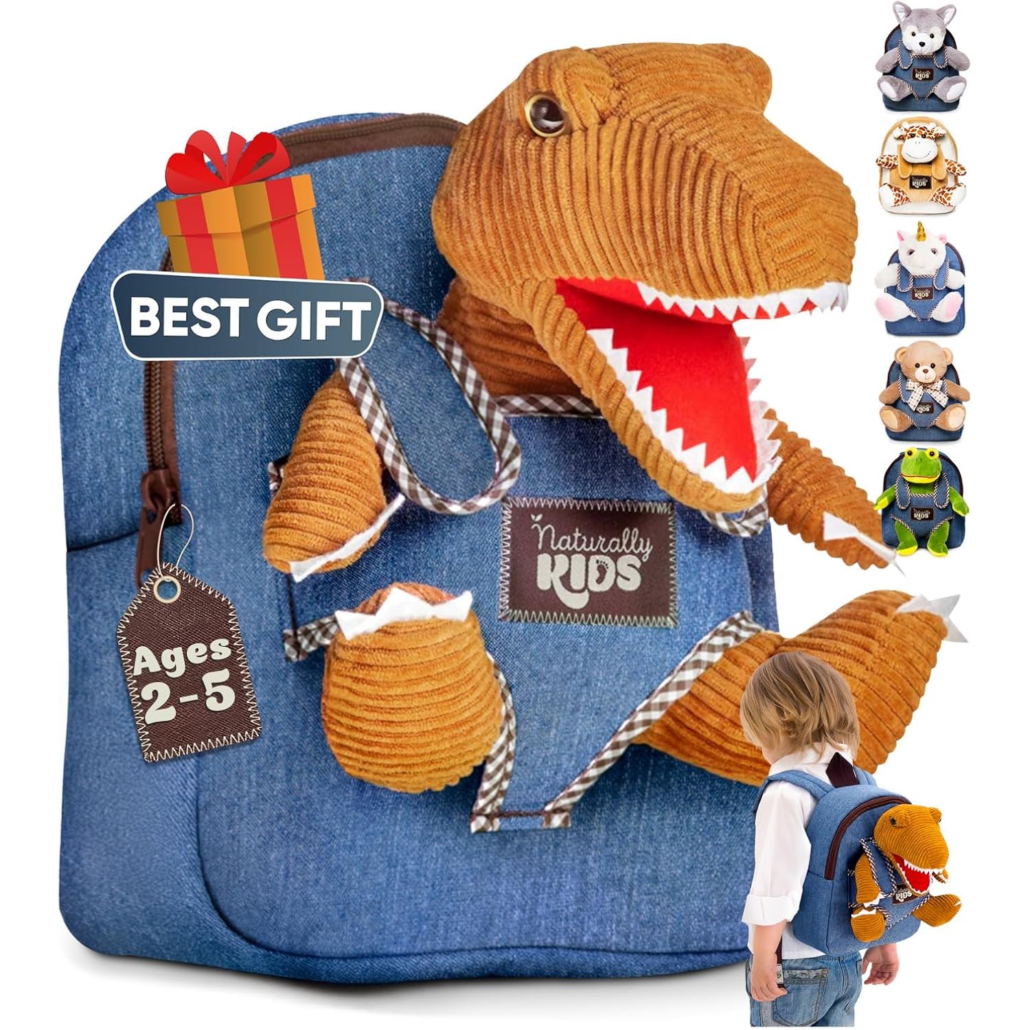Naturally Kids Toddler Backpack W. Plush Dinosaur Toy, Kids Gift 2 3 4 5 | 2-In-1 Dinosaur Backpack, Dinosaur Toys For Kids 3-5, 2-4 In Gift-Ready Box, 2 Year Old Boy Birthday Gift & Christmas