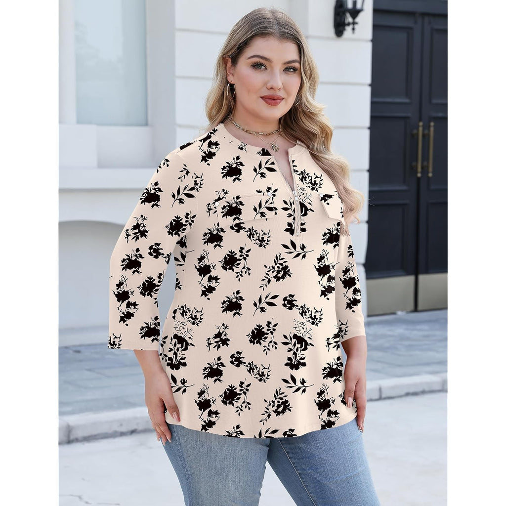 Lomon 3/4 Length Sleeve Womens Plus Size Tops V Neck Tunic Blouses Dressy Casual Oversized Basic Tees Loose Fit Shirts