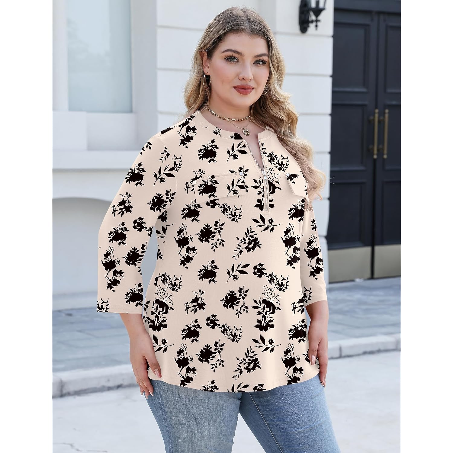 Lomon 3/4 Length Sleeve Womens Plus Size Tops V Neck Tunic Blouses Dressy Casual Oversized Basic Tees Loose Fit Shirts
