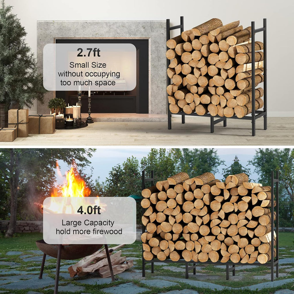 4Ft Firewood Rack Holder For Fireplace, Adjustable Log Stand For Storage | Indoor/Outdoor, 8 Legs, Black, Heavy Duty Log Stand, For Patio, Weather-Resistant Tubular Stee, Easy Assembly