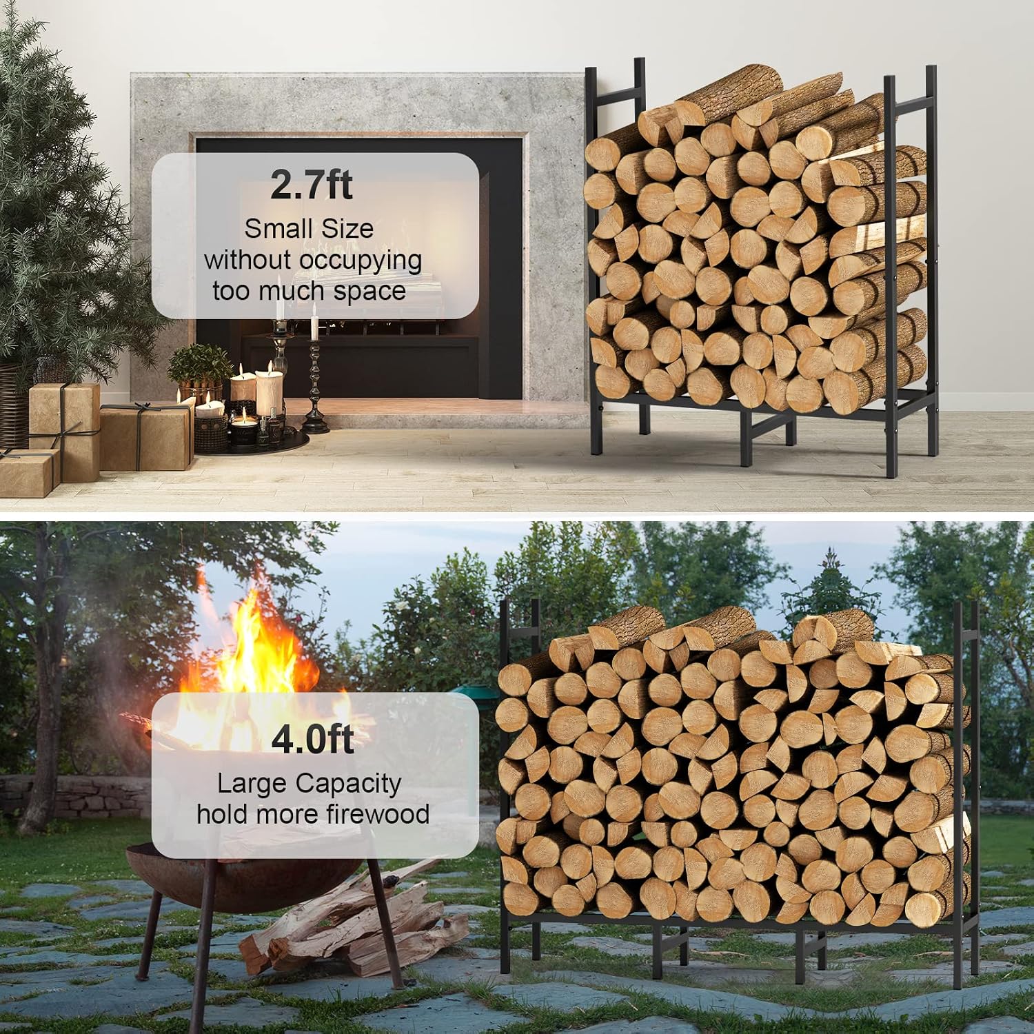 4Ft Firewood Rack Holder For Fireplace, Adjustable Log Stand For Storage | Indoor/Outdoor, 8 Legs, Black, Heavy Duty Log Stand, For Patio, Weather-Resistant Tubular Stee, Easy Assembly
