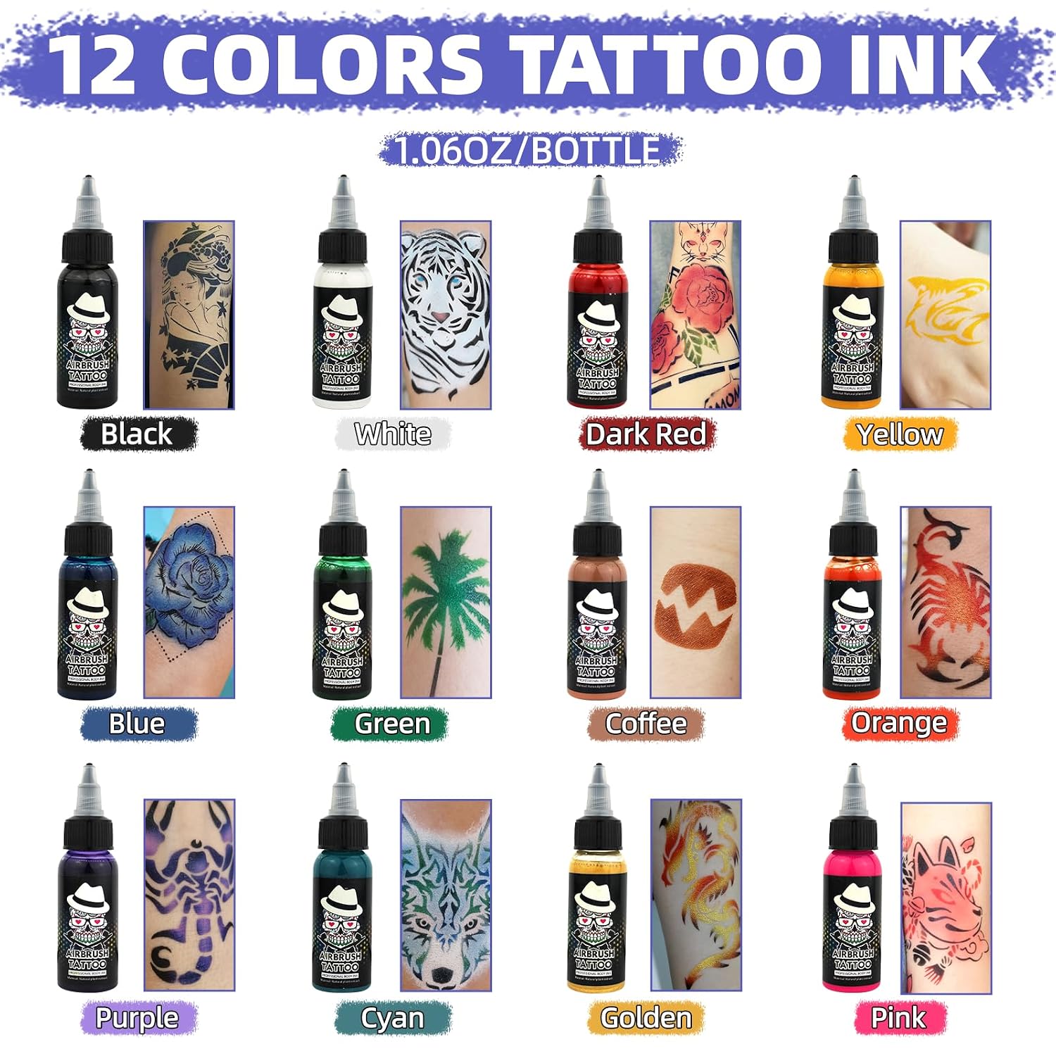 Professional Airbrush Body Paint, 12 Colors For Airbrush Temporary Tattoo Body Art, Indoor Glow Outdoor Festival Makeup, Edm Rave Cosplay Sfx, Air Brush Body Tattoo Colors, 1.06Oz/Bottle