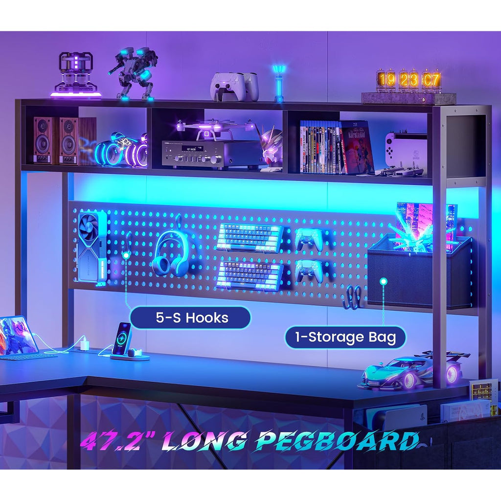 Sedeta L Shaped Gaming Desk, Reversible Computer Desk With Power Outlet And Pegboard, Gaming Desk With Led Lights, Keyboard Tray And Storage Bag For Home Office, Black