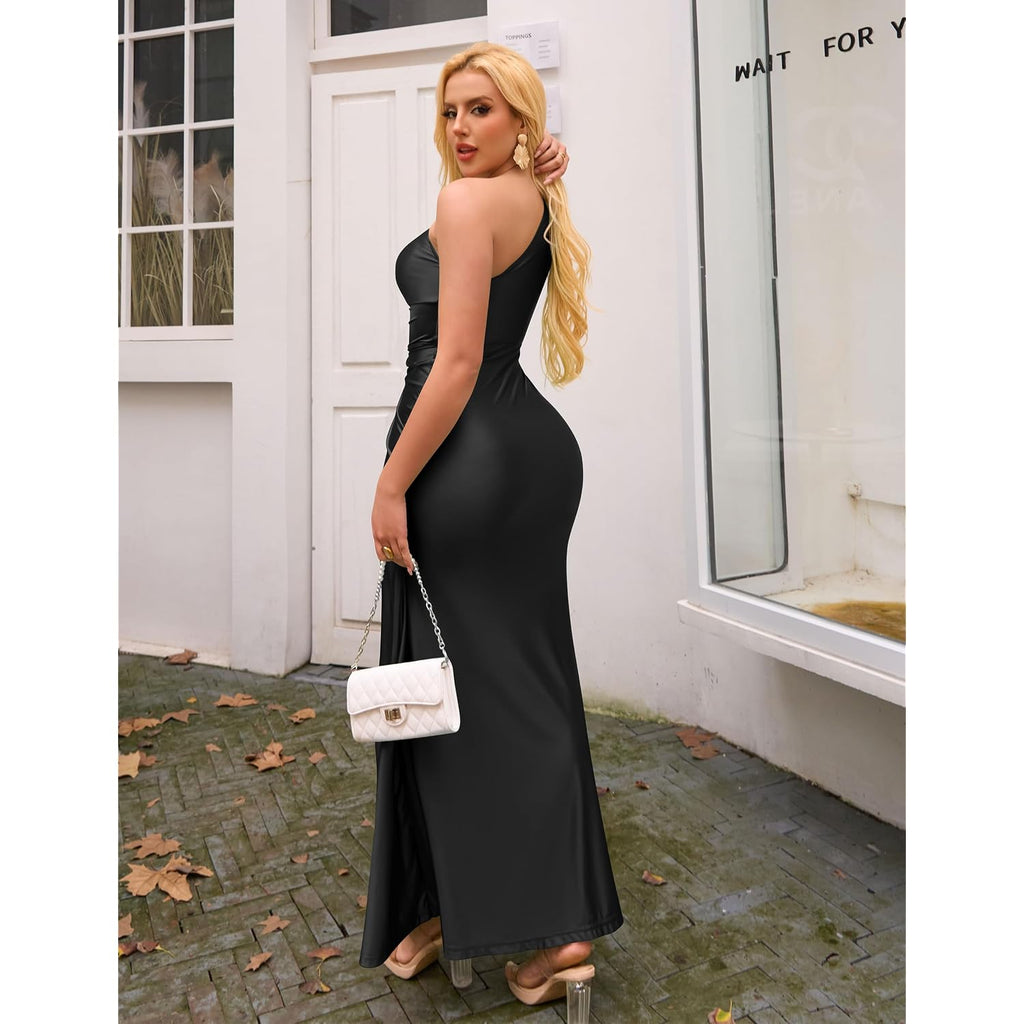 Ymduch Women'S Elegant One Shoulder Sleeveless Twist Waist Bodycon Party Long Dress