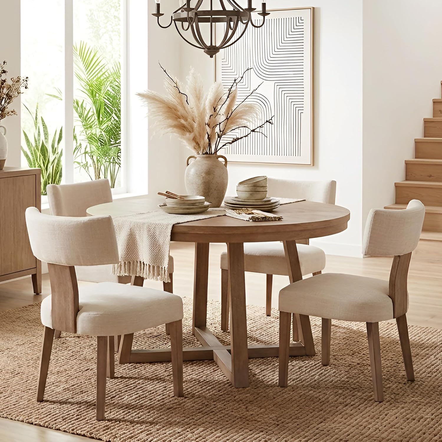 Mid Century Modern Dining Chairs Set Of 4, Upholstered Linen Kitchen & Dining Room Chairs With Ergonomic Curved Backrest, Solid Wood Legs, Farmhouse Accent Chair For Home, Apartment, Beige