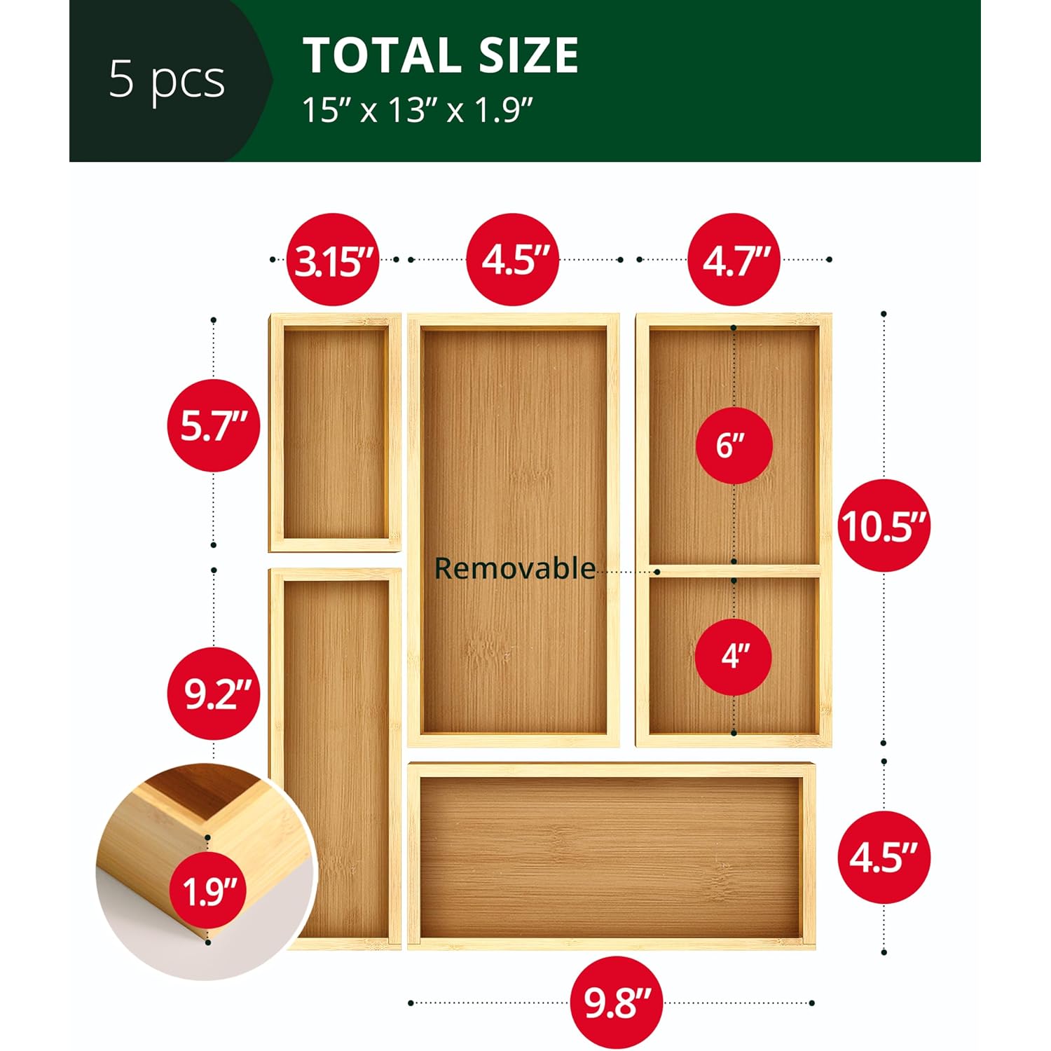 Royal Craft Wood 5-Piece Bamboo Drawer Organizer Set – Multi-Use Storage Trays For Kitchen, Bathroom, Office, Makeup, Jewelry & More – Junk Drawer Tray, Utensil Holder, Storage Box & Bin Set (5 Boxes)