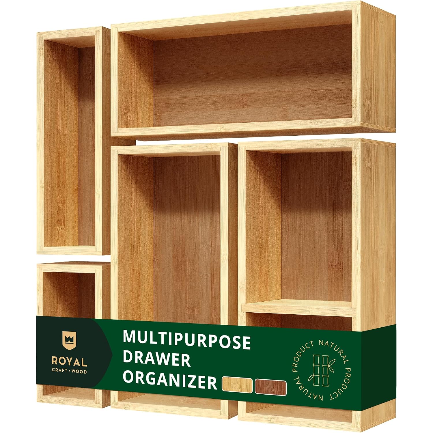 Royal Craft Wood 5-Piece Bamboo Drawer Organizer Set – Multi-Use Storage Trays For Kitchen, Bathroom, Office, Makeup, Jewelry & More – Junk Drawer Tray, Utensil Holder, Storage Box & Bin Set (5 Boxes)